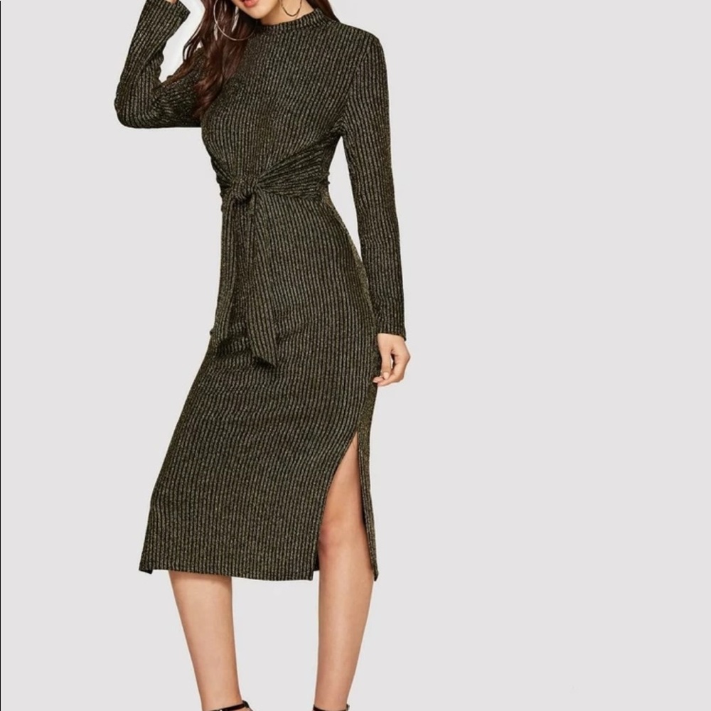 Tie Waist Side Slit Metallic Ribbed Sweater Dress - Picture 4 of 5